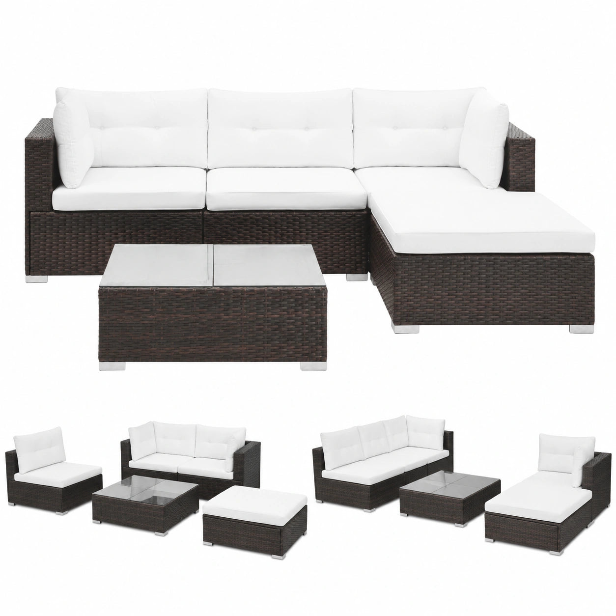 Salon de jardin, modulable, en résine tressée, 5 pièces, coloris marron, pour la terrasse ou le jardin