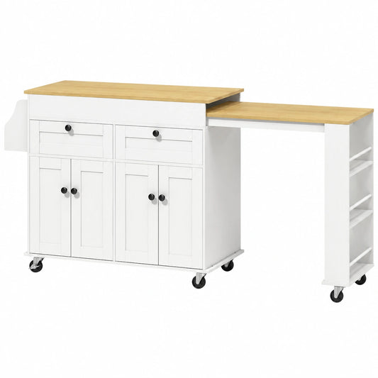 Îlot de cuisine, extensible, avec tiroirs, avec portes, 189,2 x 50 x 87,8 cm, coloris blanc, pour la cuisine