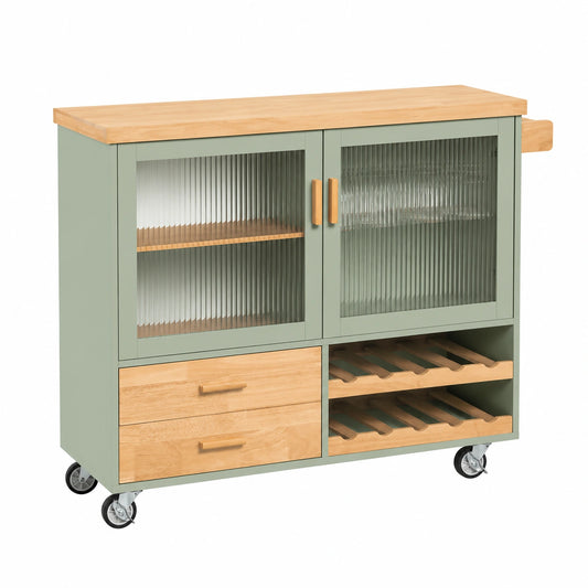 Ensemble de meubles de cuisine, avec rangement, sur roulettes, 109 x 40 x 92 cm, coloris naturel et vert, pour la cuisine